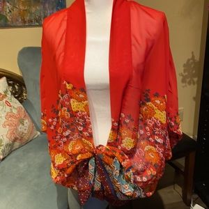Amazing bright sheer red floral kimono never worn!